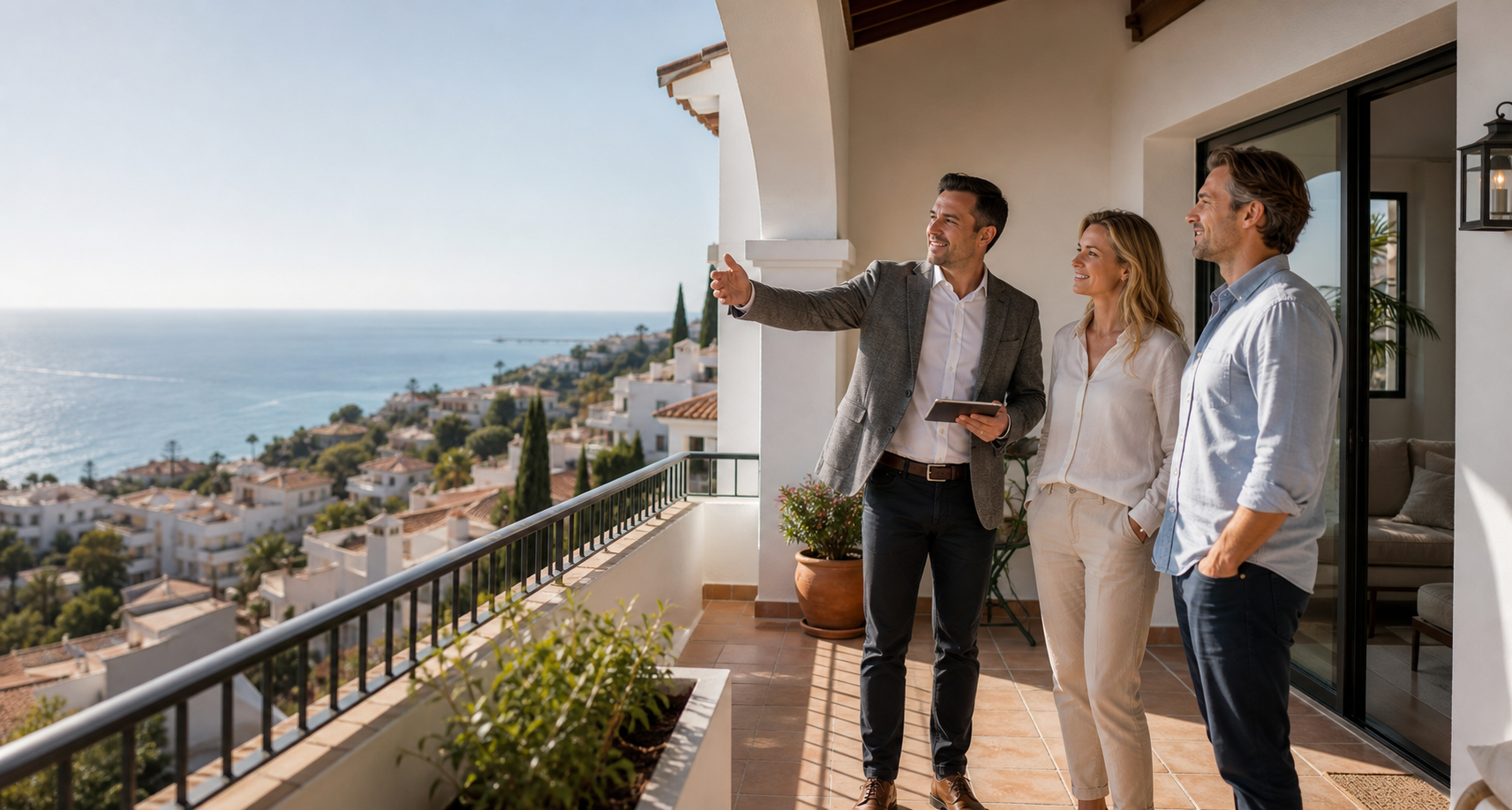 Svenskt par som tittar på en bostad i Spanien tillsammans med en mäklare