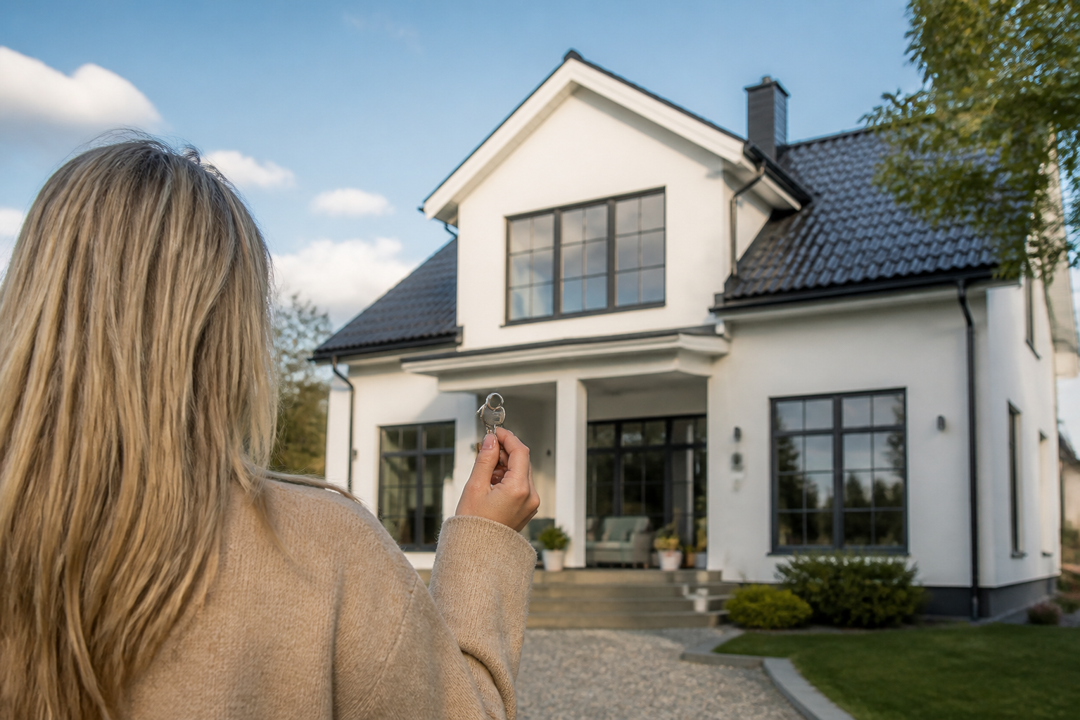 Köpare med nycklar framför en svensk villa