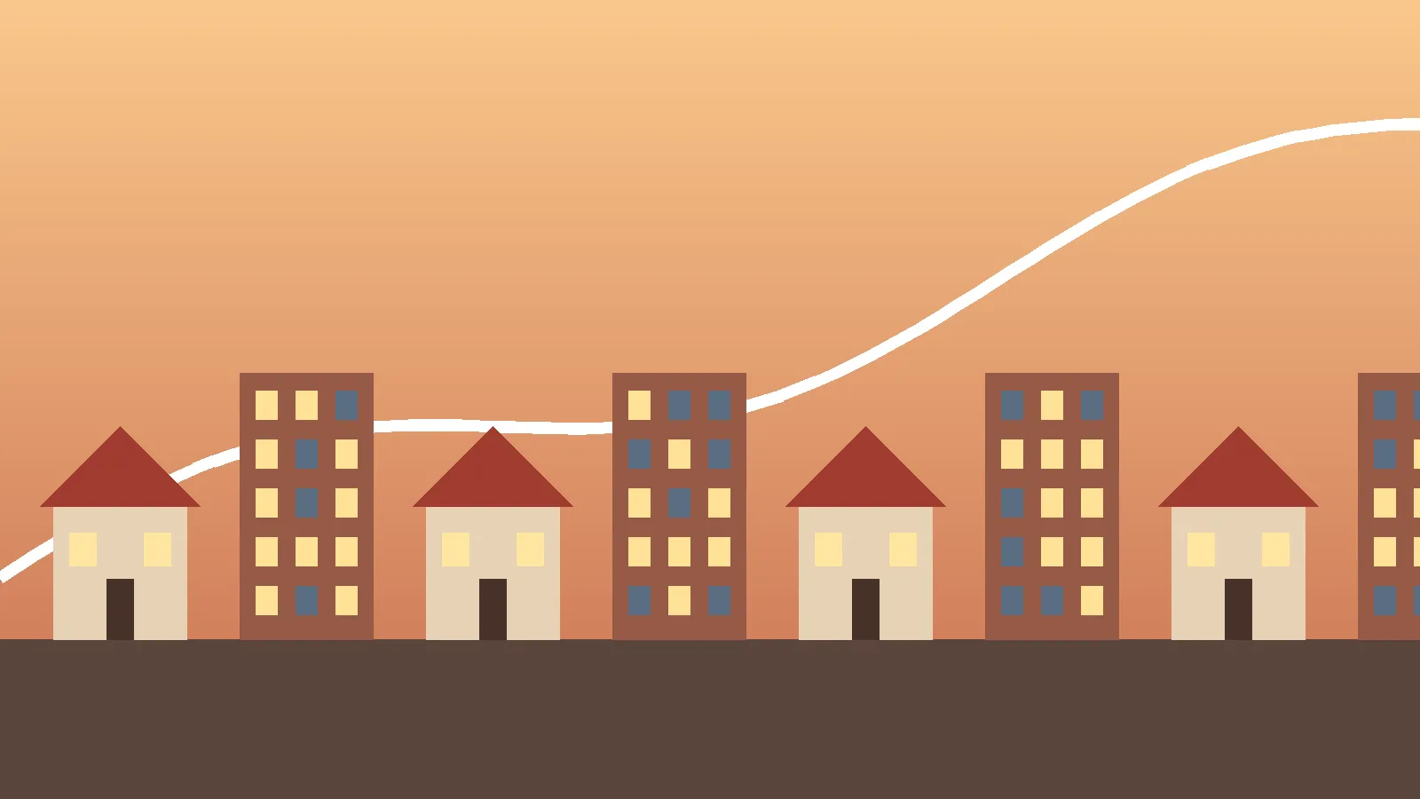 Illustration av ett bostadsområde med flerbostadshus och villor framför en stigande kurva i höstfärger