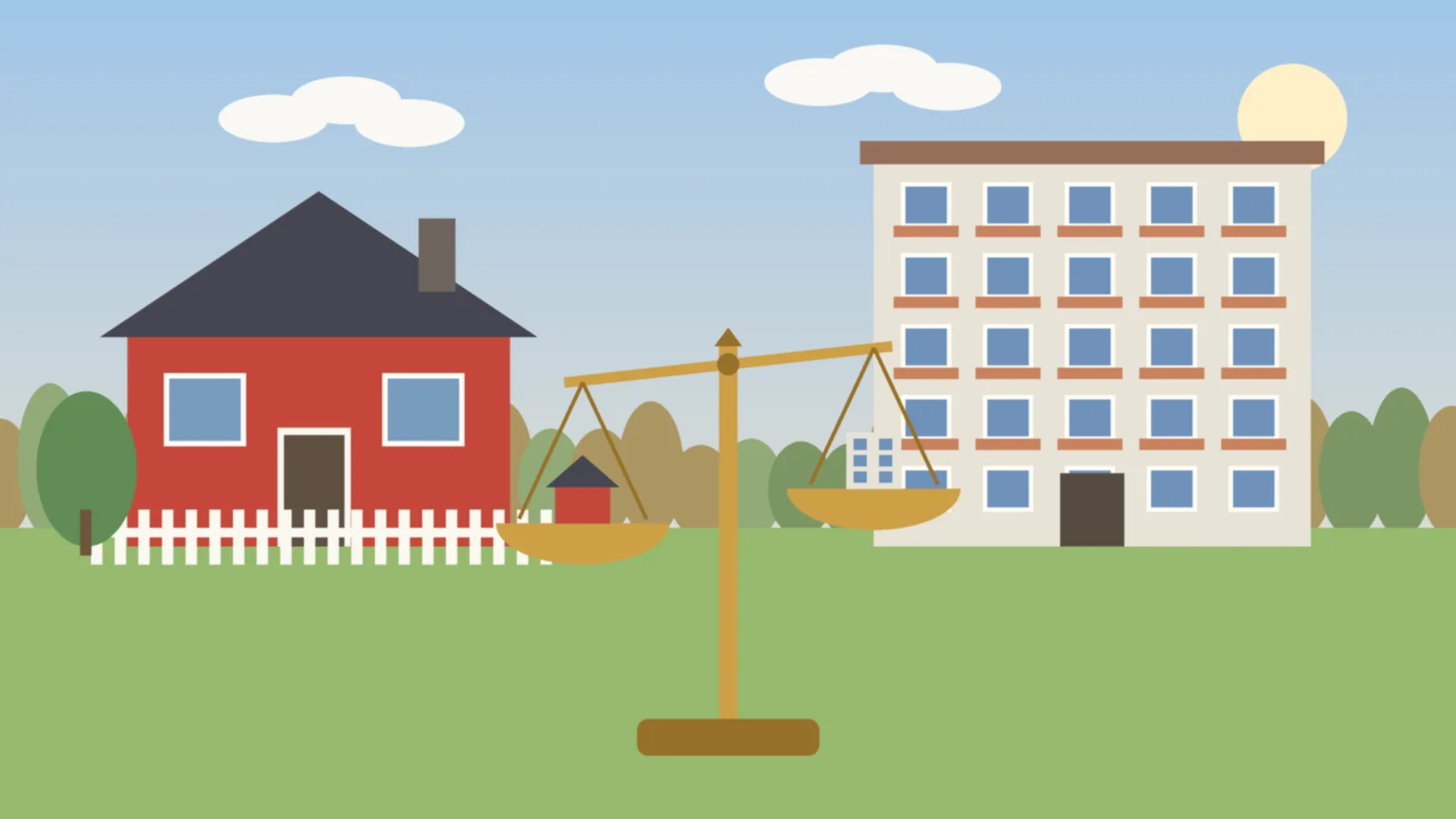 Illustration av en villa med trädgård bredvid ett flerbostadshus med balkonger, med en våg i förgrunden som väger de två boendeformerna mot varandra