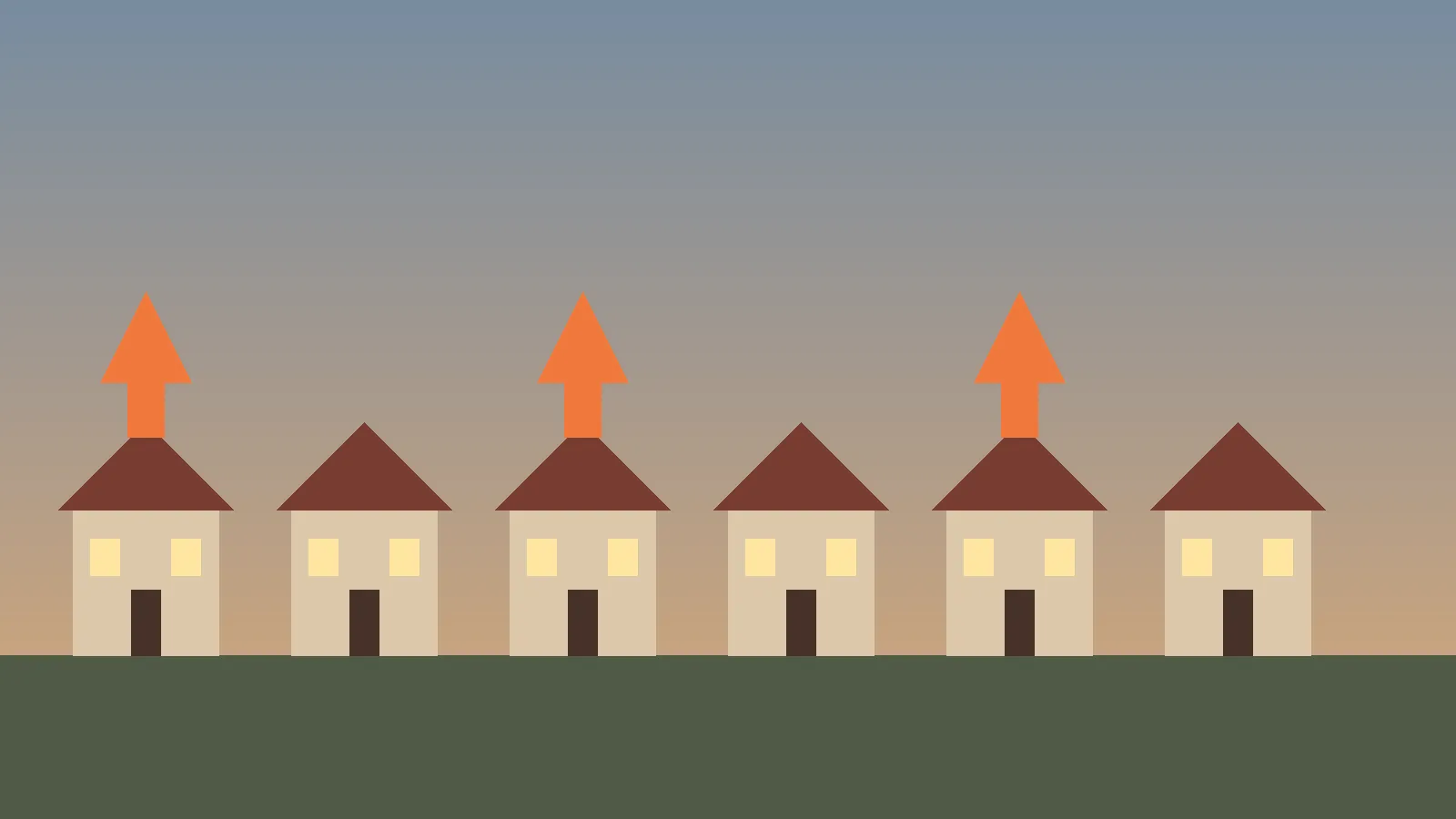 Illustration av flera små hus i rad där några har förstorade budpilar ovanför sig, i dova höstfärger