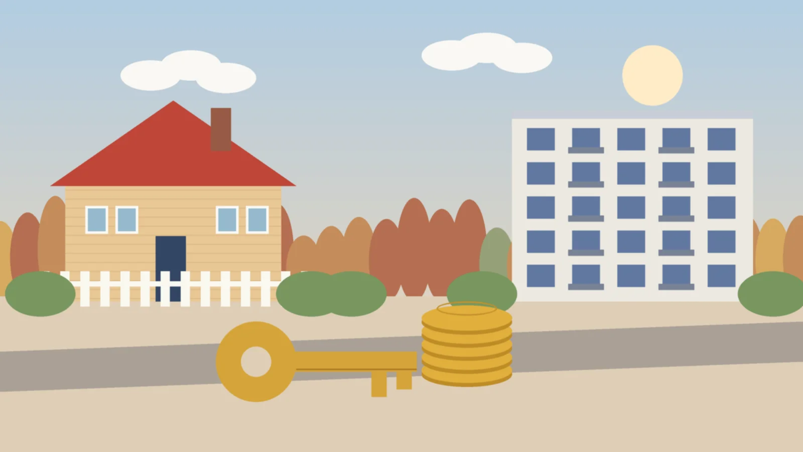 Illustration av en villa och ett flerbostadshus med en stor nyckel och en hög med mynt i förgrunden