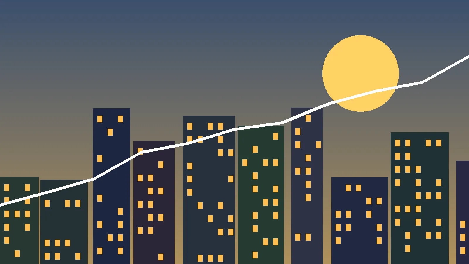 Illustration av flerbostadshus med tända fönster och en stigande linje mot kvällshimlen