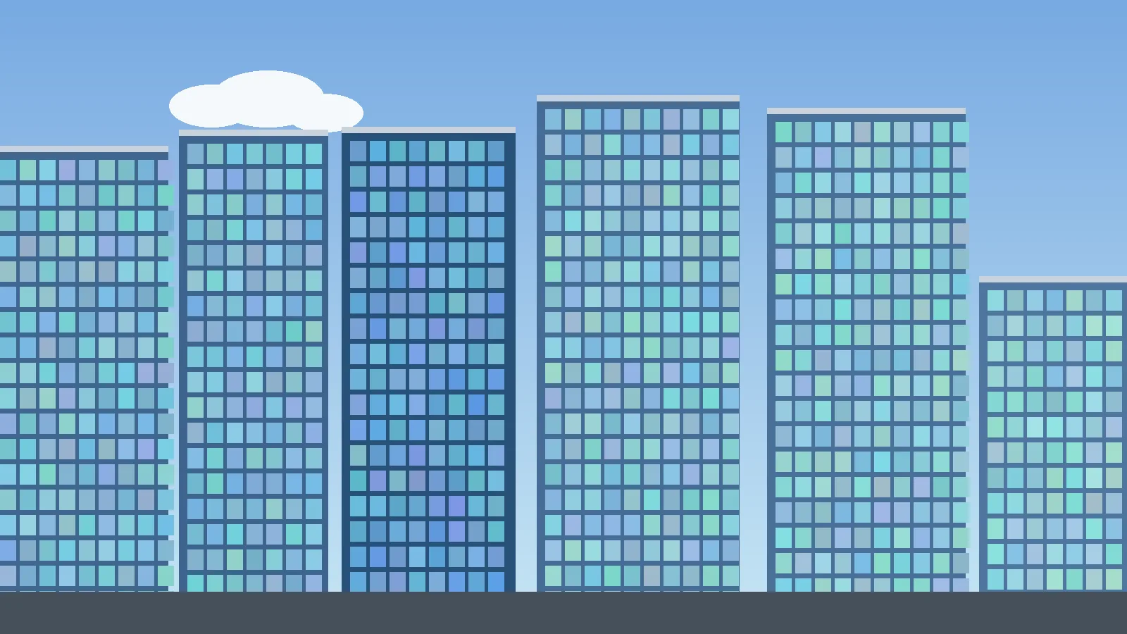 Illustration av moderna kontorshus med glasfasader mot en blå himmel
