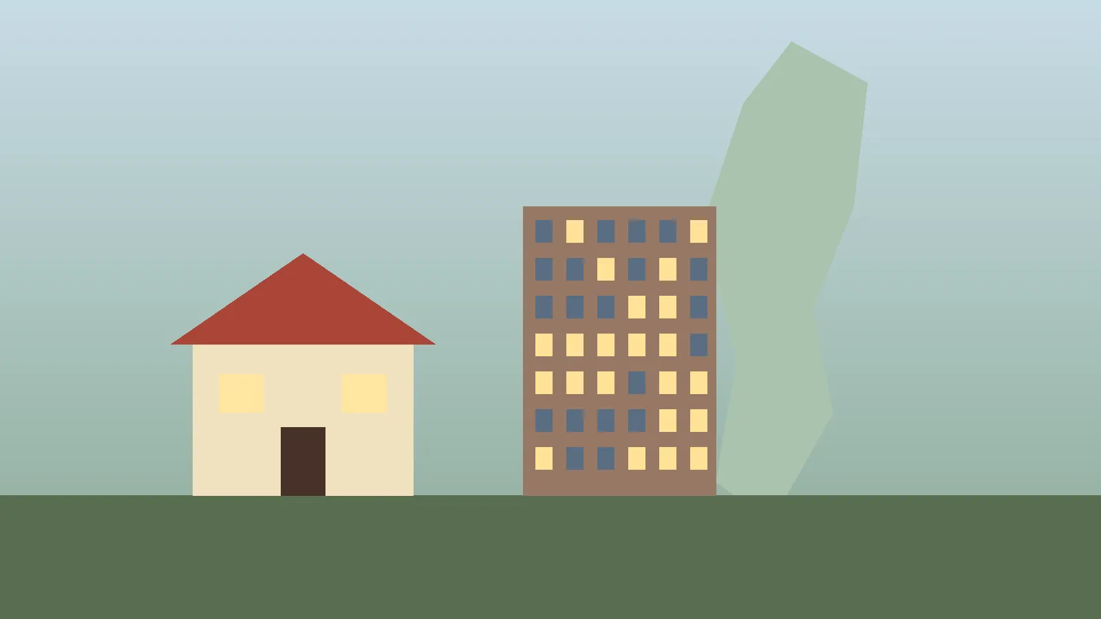 Illustration av en villa och ett flerbostadshus sida vid sida mot en stiliserad Sverigekarta i bakgrunden